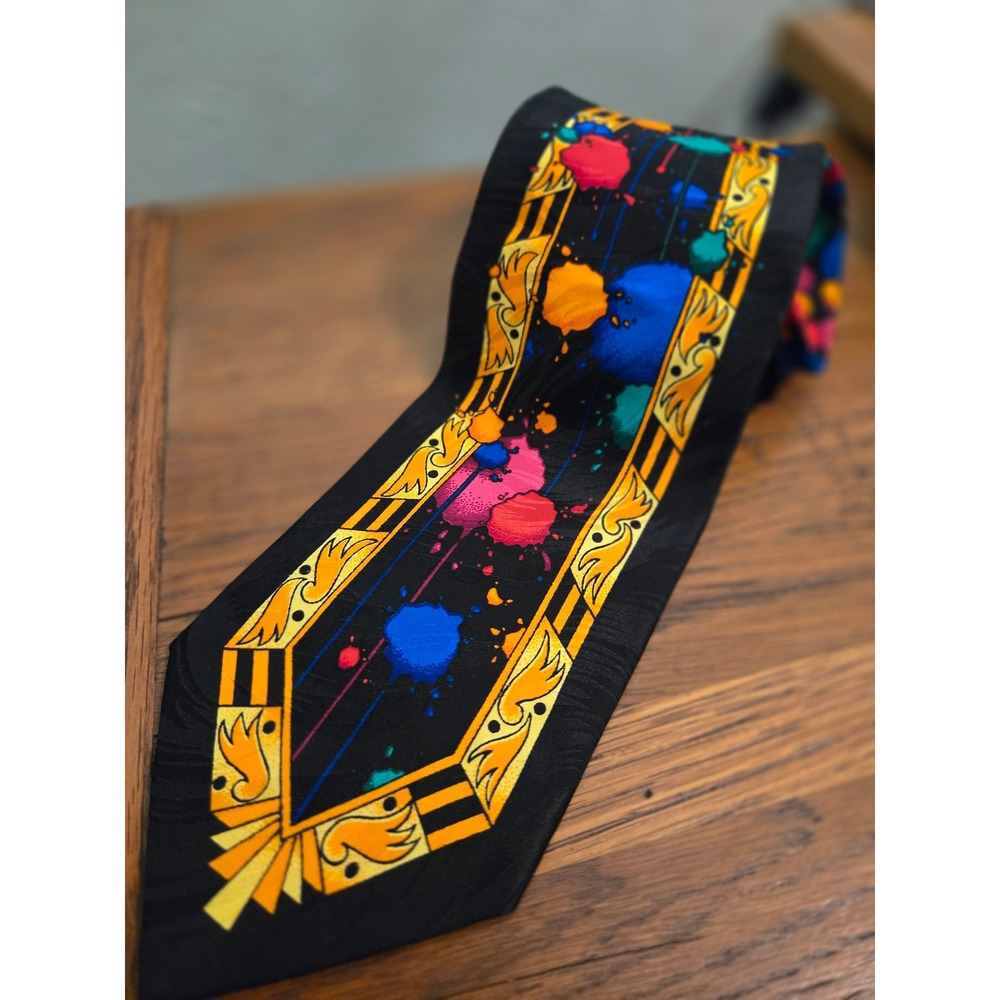 Rush Limbaugh No Boundaries Silk Tie Paint Splatter Gold Scroll Black 4"